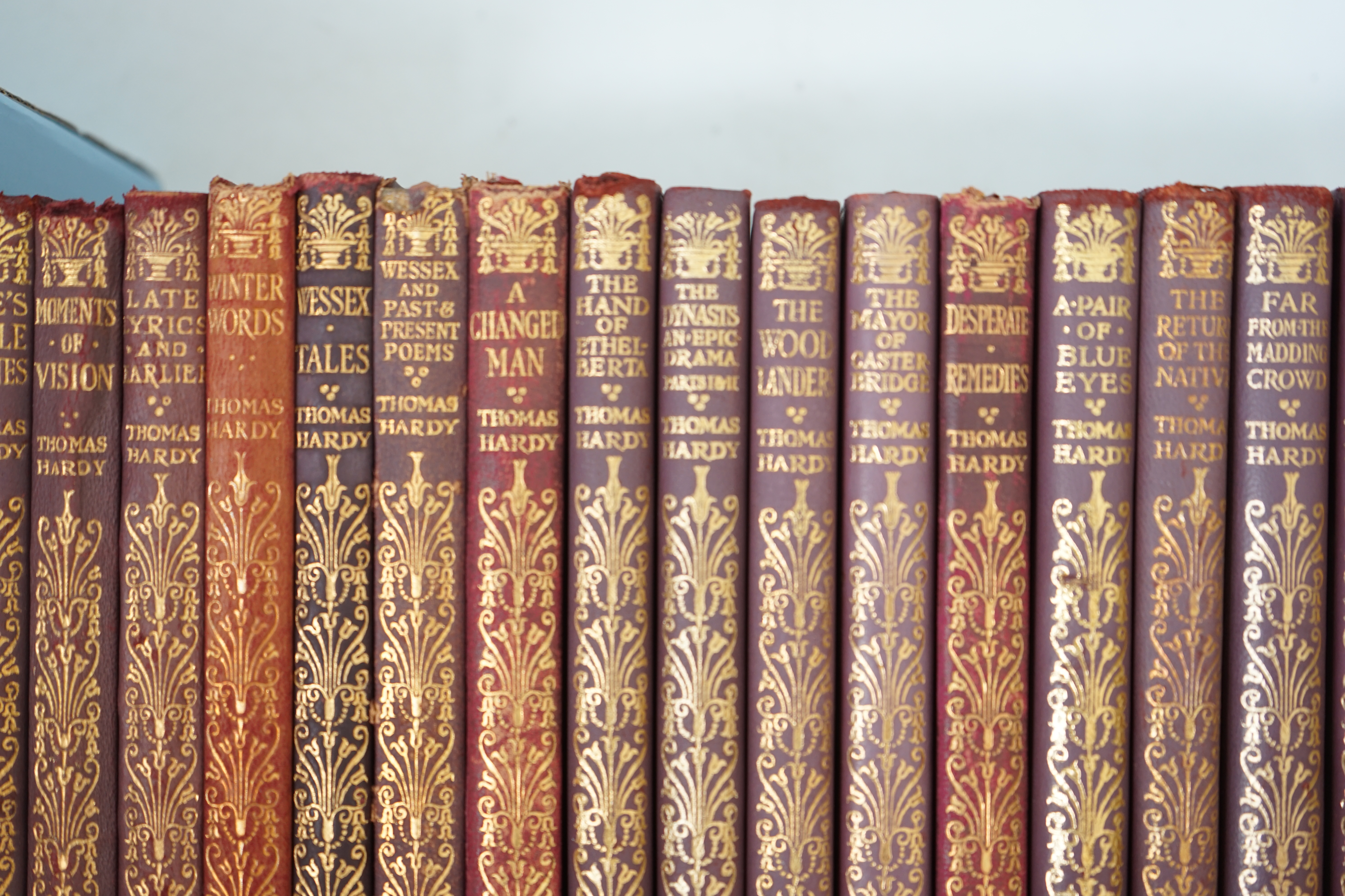 Hardy, Thomas - The Works, a harlequin pocket set edition of 17 vols, 12mo, in red leather gilt bindings, Macmillan and Co., London, 1925- 1941